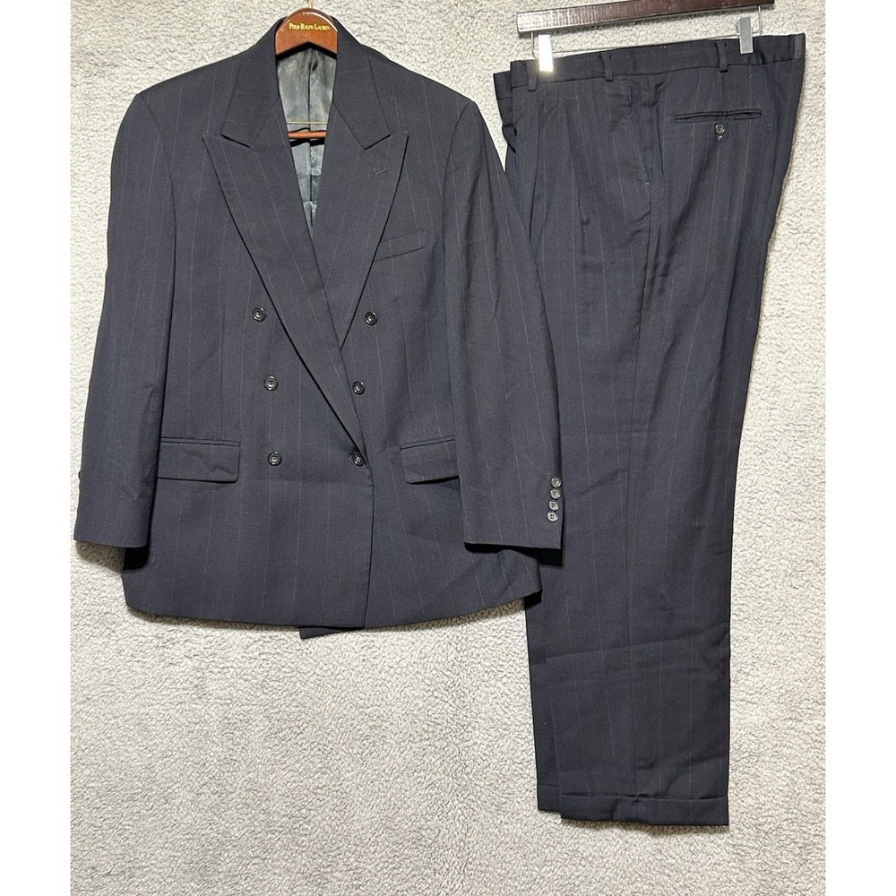 Vintage Polo Ralph Lauren Double Breasted 2 Pc Wool Pin Stripe Suit Sz 44R-40X31